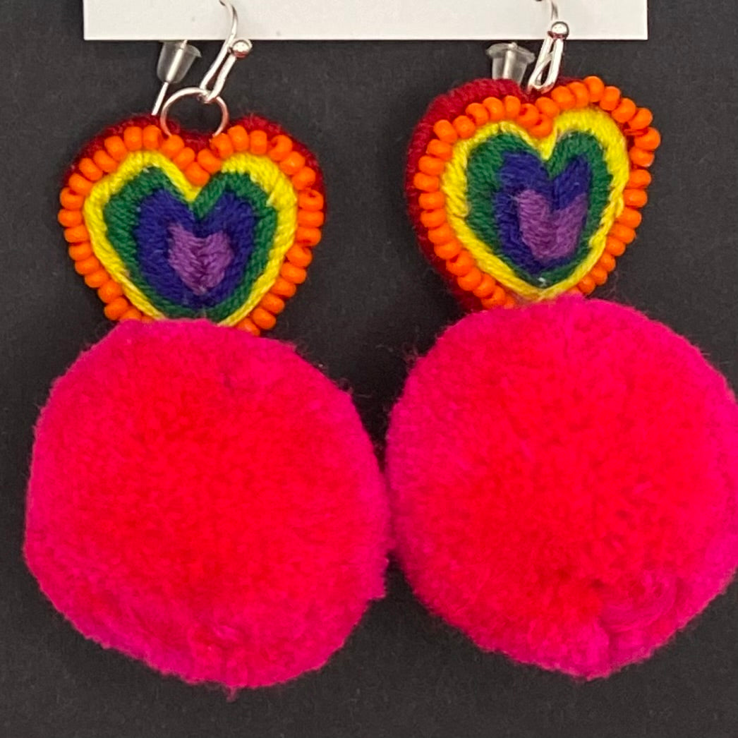 Rainbow Heart + Pompom Earrings