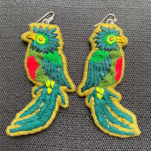 Green Quetzal Embroidered Bird earrings