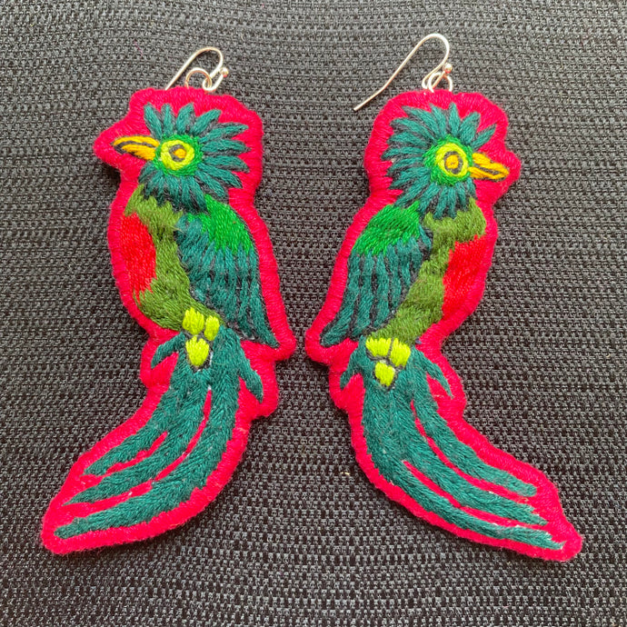 Red Quetzal Embroidered Bird earrings