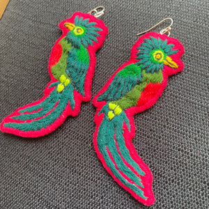 Red Quetzal Embroidered Bird earrings