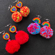 Load image into Gallery viewer, Rainbow + Pompom Earrings