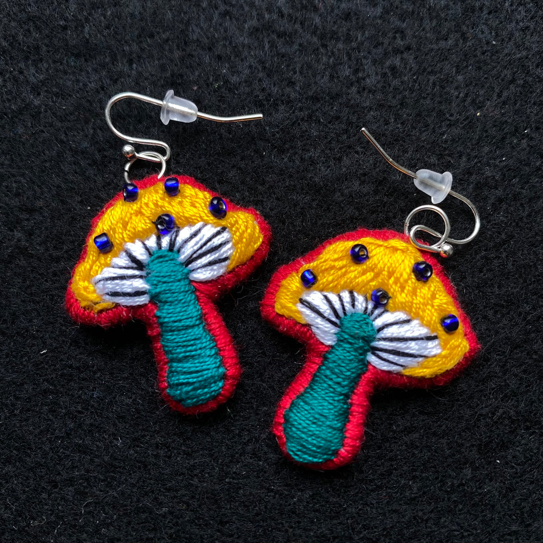 Embroidered Mushroom Earrings