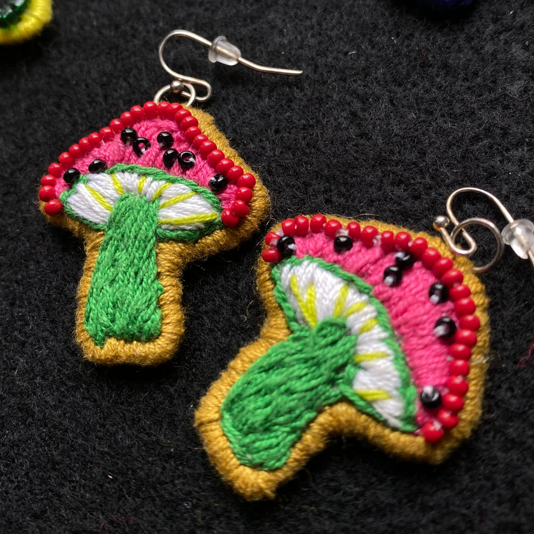 Embroidered Mushroom Earrings