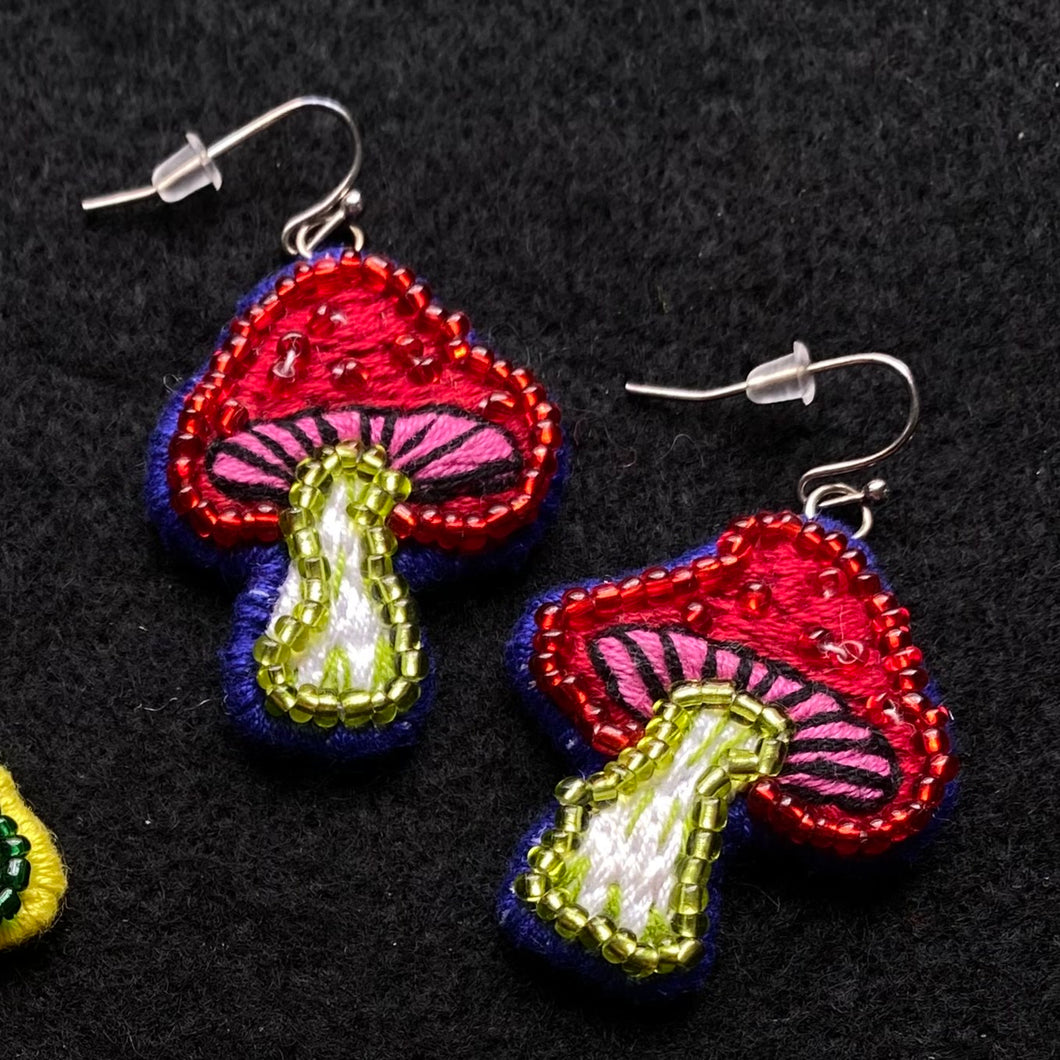 Embroidered Mushroom Earrings