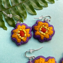 Load image into Gallery viewer, Purple + Gold Flower Earrings