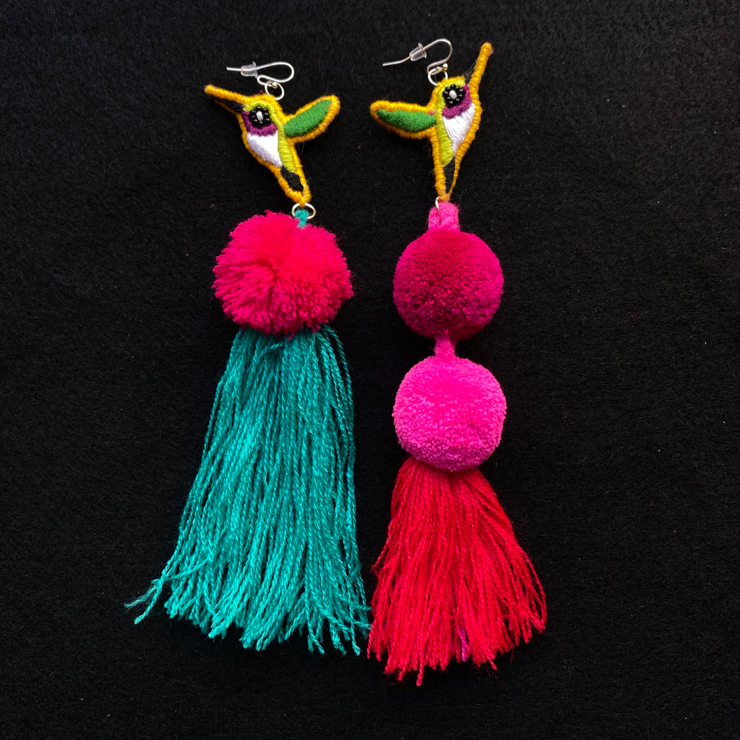 Humming Bird Pompom Earrings