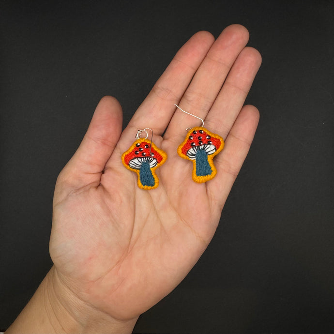 Embroidered Mushroom Earrings