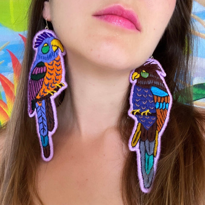 Lilac Embroidered Bird earrings