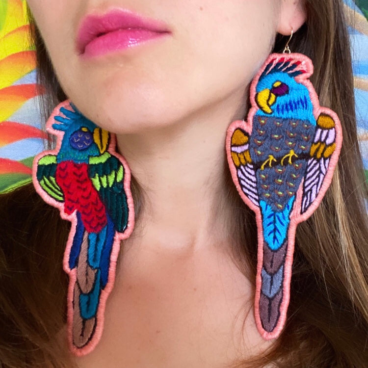 Peach Embroidered Bird earrings
